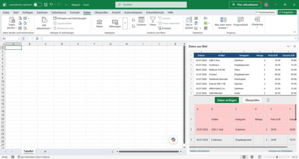 Bild in Text umwandeln mit OCR in Excel über die Funktion Daten aus Bild
