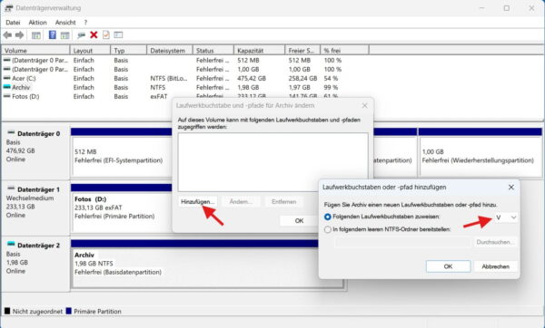 Laufwerksbuchstaben für versteckte Partition hinzufügen Versteckte Partition in Windows mit neuem Laufwerksbuchstaben in der Datenträgerverwaltung anzeigen