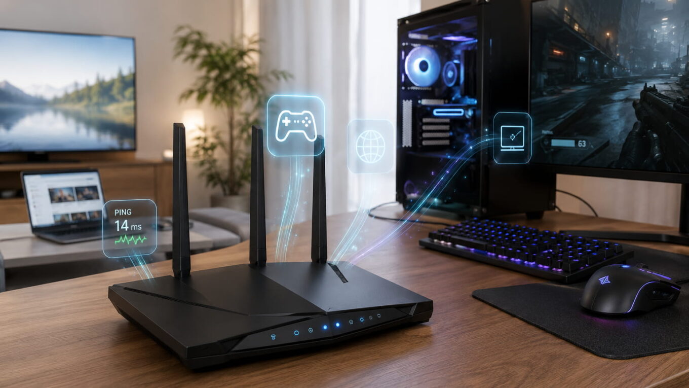 Gaming-Router im modernen Gaming-Setup mit niedriger Latenz und Datenpriorisierung