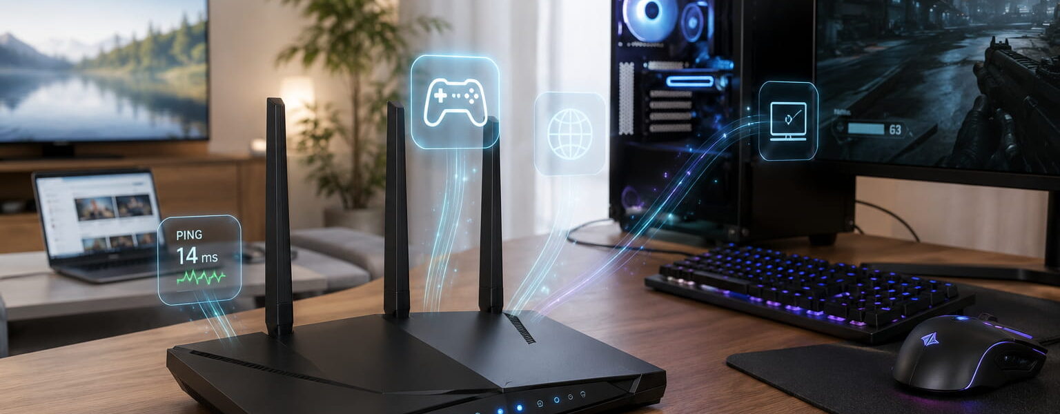 Gaming-Router im modernen Gaming-Setup mit niedriger Latenz und Datenpriorisierung