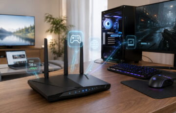 Gaming-Router im modernen Gaming-Setup mit niedriger Latenz und Datenpriorisierung