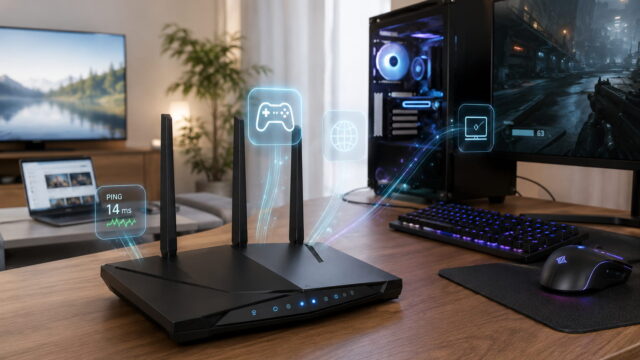 Gaming-Router im modernen Gaming-Setup mit niedriger Latenz und Datenpriorisierung