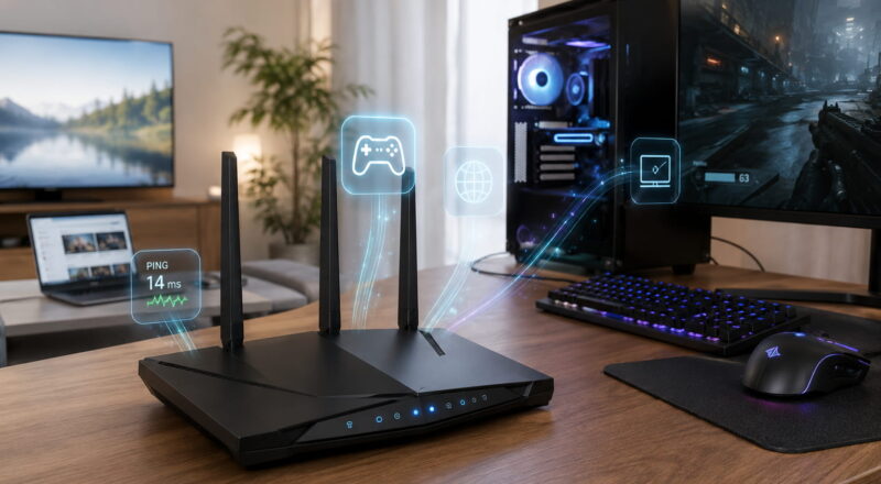 Gaming-Router im modernen Gaming-Setup mit niedriger Latenz und Datenpriorisierung