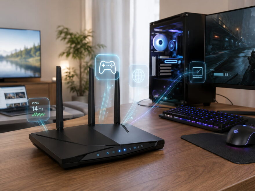 Gaming-Router im modernen Gaming-Setup mit niedriger Latenz und Datenpriorisierung
