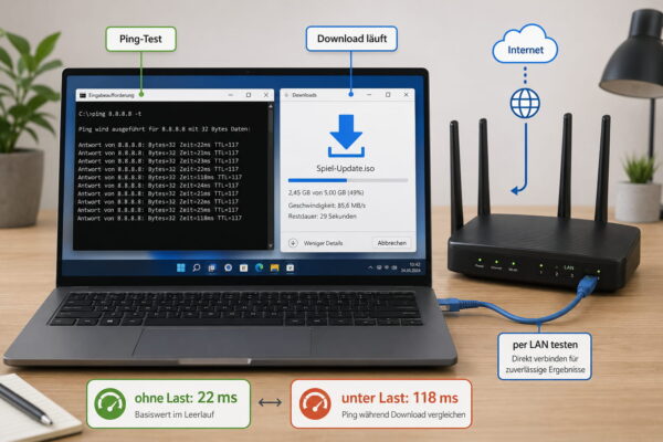 Gaming-Router mit Ping-Test und Download prüfen Gaming-Router vor dem Kauf mit Ping-Test unter Last prüfen