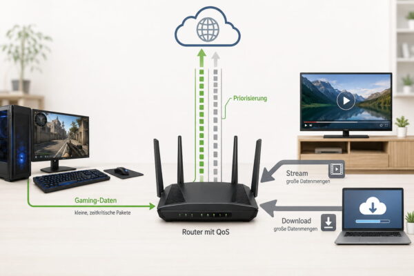 Gaming-Router mit QoS und Datenpriorisierung Gaming-Router priorisiert Gaming-Daten vor Stream und Download