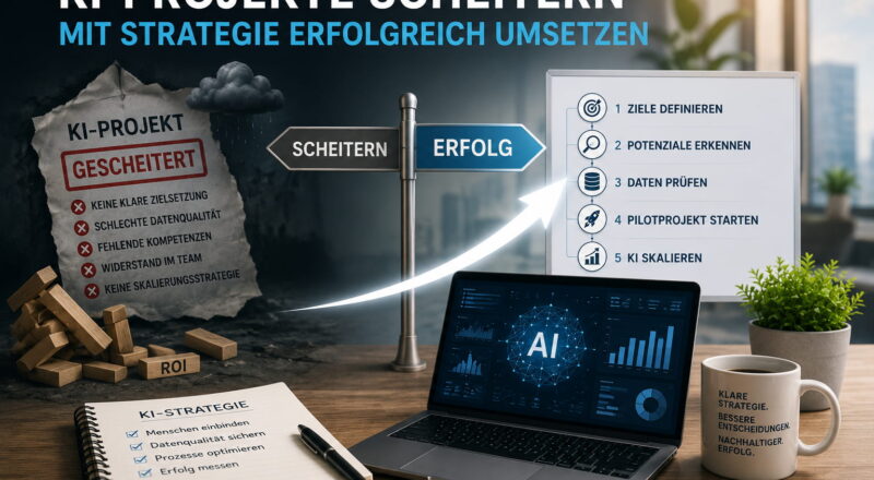ki projekte scheitern beitragsbild KI-Projekte scheitern ohne klare Strategie – Ursachen und strukturierter KI-Fahrplan im Überblick