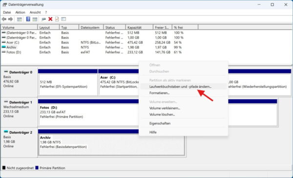 Laufwerkbuchstaben für versteckte Partition ändern Versteckte Partition in der Datenträgerverwaltung auswählen und Laufwerkbuchstaben ändern