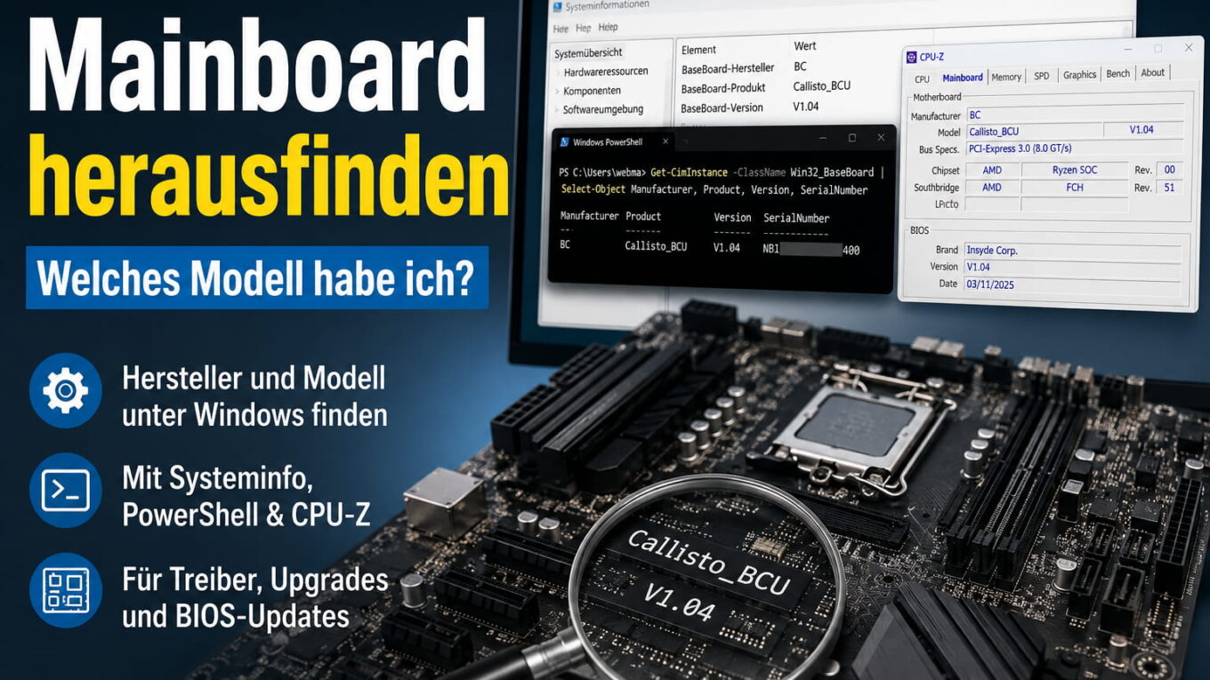 Mainboard herausfinden mit Systeminformationen, PowerShell und CPU-Z unter Windows