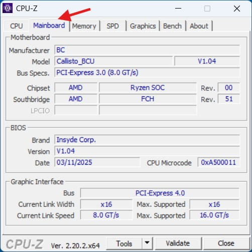 Mainboard herausfinden mit CPU-Z unter Windows auf der Registerkarte Mainboard