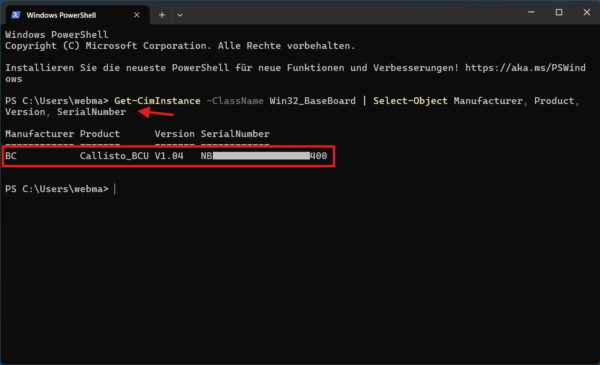 Mainboard herausfinden mit PowerShell unter Windows anhand des Befehls Get-CimInstance