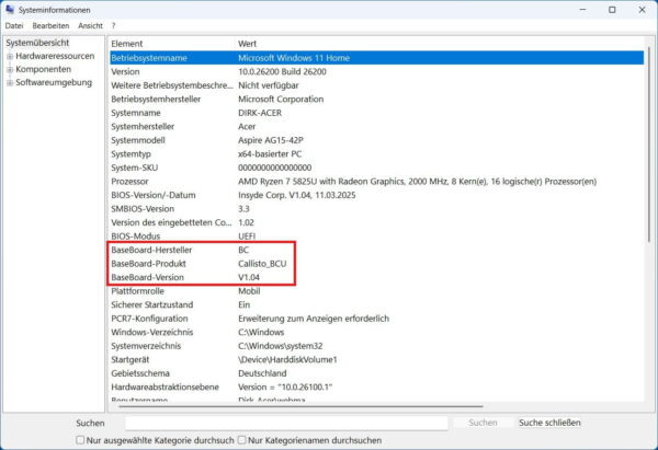 Mainboard herausfinden in den Windows-Systeminformationen mit markierten BaseBoard-Angaben