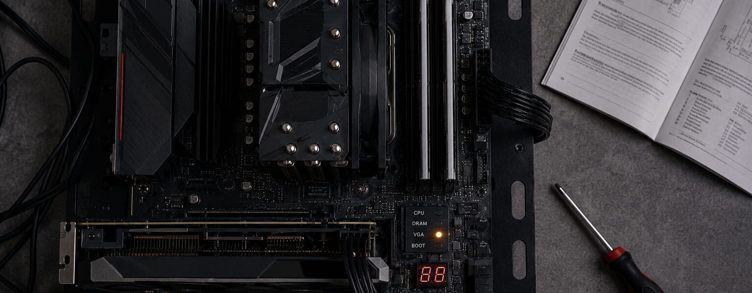 Mainboard startet nicht: Debug-LED und Fehlercode auf einem offenen PC-Mainboard