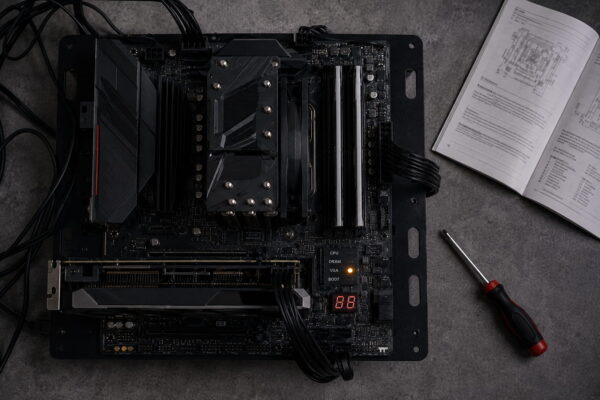 Mainboard startet nicht: Debug-LED und Fehlercode auf einem offenen PC-Mainboard