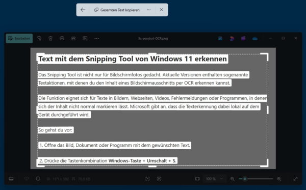 Bild in Text umwandeln mit OCR im Snipping Tool von Windows 11