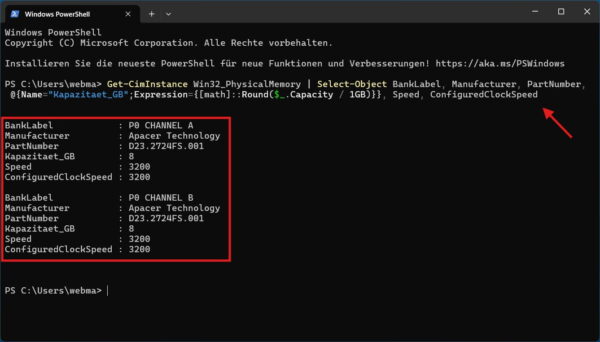 RAM-Kompatibilität mit PowerShell über Modellnummer und Geschwindigkeit prüfen