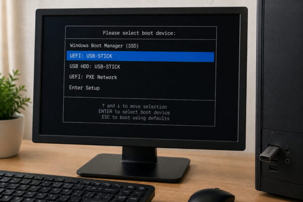 Bootmenü mit ausgewähltem Rufus-USB-Stick für die Windows-11-Installation