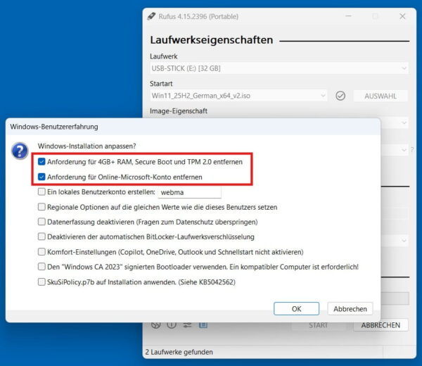 Rufus zeigt die Windows-11-Optionen zum Entfernen von TPM-, Secure-Boot- und RAM-Anforderungen