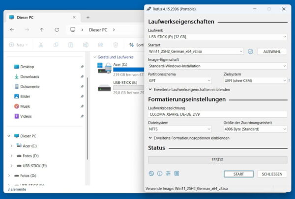 Rufus mit ausgewählter Windows-11-ISO zum Erstellen eines USB-Sticks