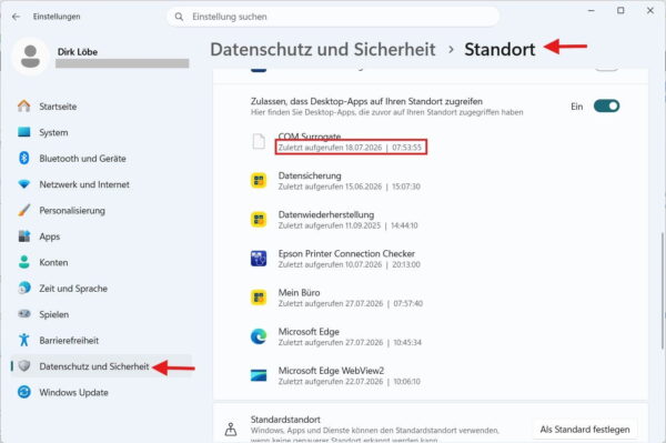 Windows-Standortdienste: Letzten Standortzugriff einer App prüfen