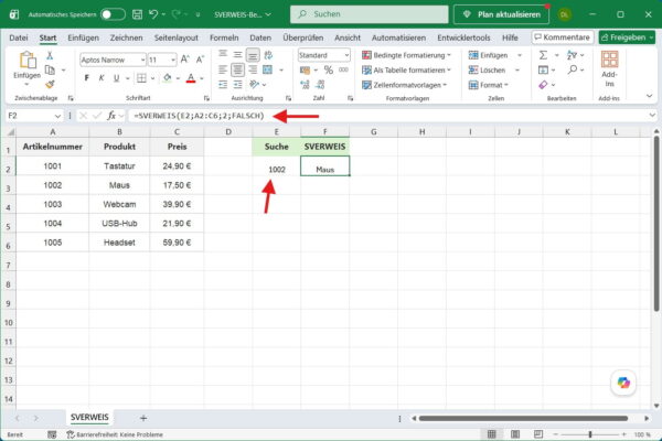 SVERWEIS in Excel Schritt für Schritt anwenden SVERWEIS in Excel mit Artikelnummer 1002 und Ergebnis Maus