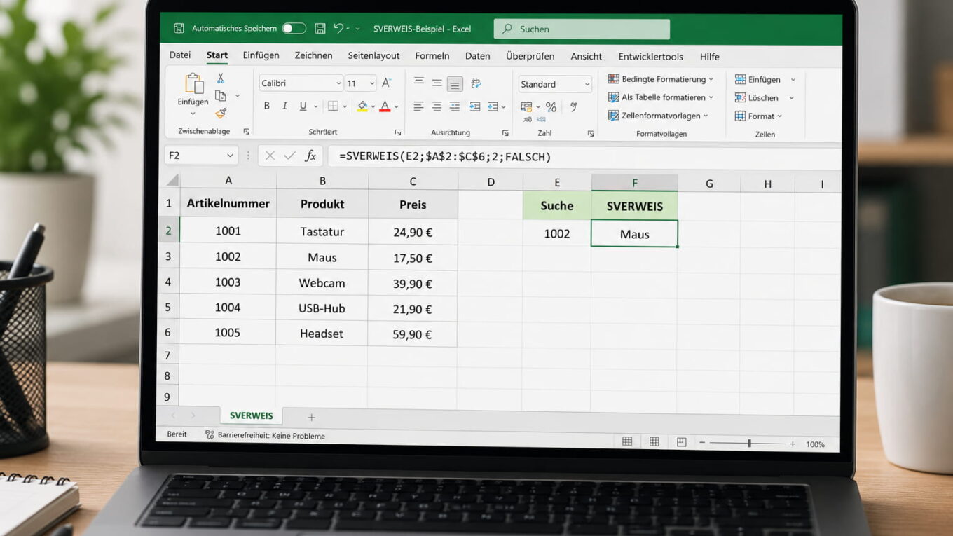 SVERWEIS in Excel mit Artikeltabelle, Formel und Suchergebnis auf einem Laptop