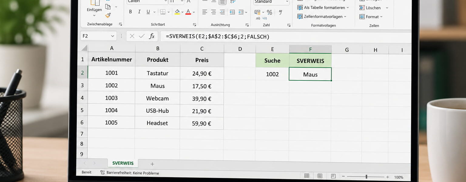 SVERWEIS in Excel mit Artikeltabelle, Formel und Suchergebnis auf einem Laptop