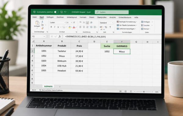 SVERWEIS in Excel mit Artikeltabelle, Formel und Suchergebnis auf einem Laptop