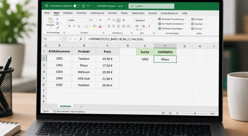 SVERWEIS in Excel mit Artikeltabelle, Formel und Suchergebnis auf einem Laptop