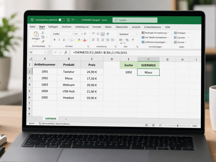 SVERWEIS in Excel mit Artikeltabelle, Formel und Suchergebnis auf einem Laptop
