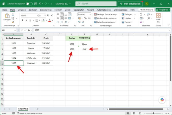 SVERWEIS Fehler #NV in Excel beheben SVERWEIS in Excel mit Fehler #NV bei nicht gefundener Artikelnummer