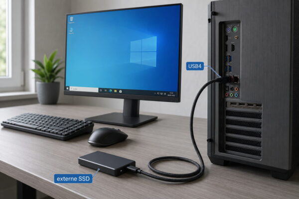 USB4 Anschluss mit externer SSD am PC Externe SSD per USB4 am Desktop-PC angeschlossen