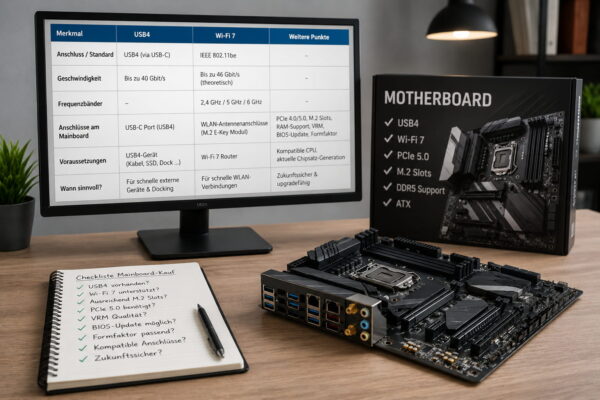 USB4 und Wi-Fi 7 beim Mainboard-Kauf prüfen Mainboard-Kauf mit USB4, Wi-Fi 7 und wichtigen Anschlussmerkmalen