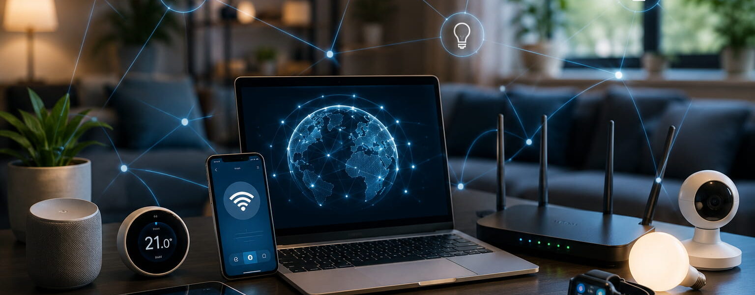 Vernetzte Welt mit Smart Home, Smartphone und Laptop im Alltag