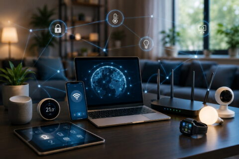 Vernetzte Welt mit Smart Home, Smartphone und Laptop im Alltag