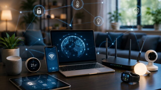 Vernetzte Welt mit Smart Home, Smartphone und Laptop im Alltag