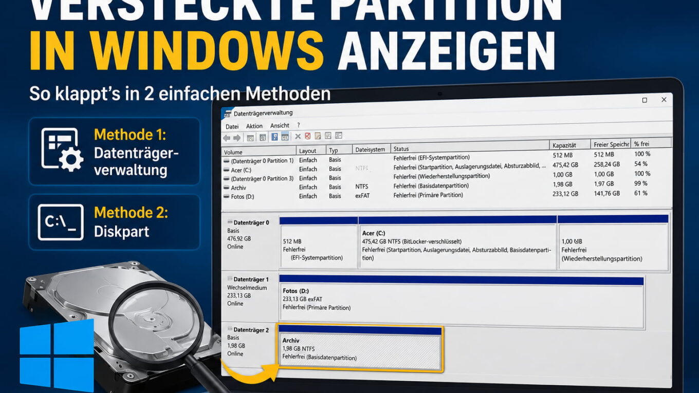 Versteckte Partition anzeigen in Windows 11 und 10 mit Datenträgerverwaltung und Diskpart
