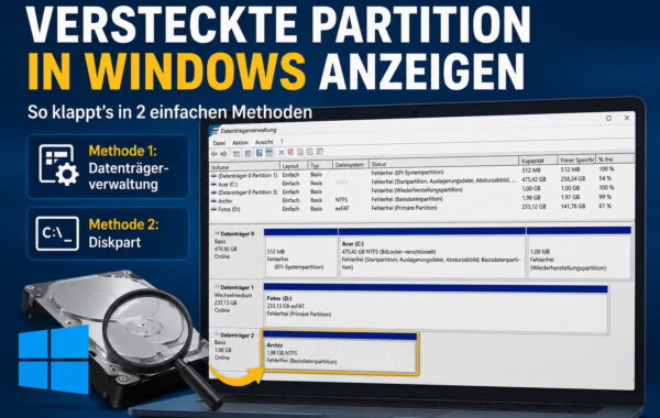 Versteckte Partition anzeigen in Windows 11 und 10 mit Datenträgerverwaltung und Diskpart