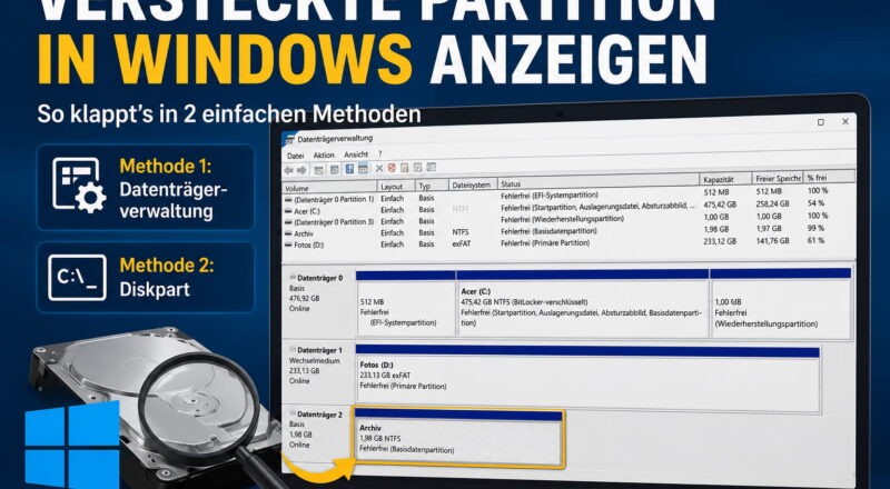 Versteckte Partition anzeigen in Windows 11 und 10 mit Datenträgerverwaltung und Diskpart