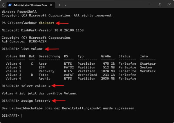 Versteckte Partition mit Diskpart anzeigen Versteckte Partition mit Diskpart auswählen und mit Laufwerksbuchstaben anzeigen
