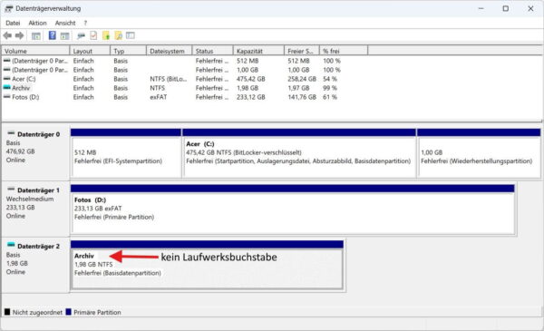 Versteckte Partition in der Datenträgerverwaltung erkennen Versteckte Partition ohne Laufwerksbuchstaben in der Windows-Datenträgerverwaltung erkennen