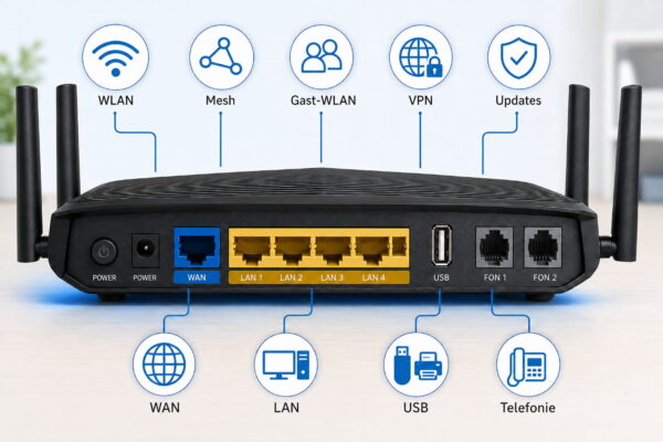 Welcher Router bietet wichtige Anschlüsse und Funktionen wie WAN, LAN, USB, Telefonie, Mesh und VPN?