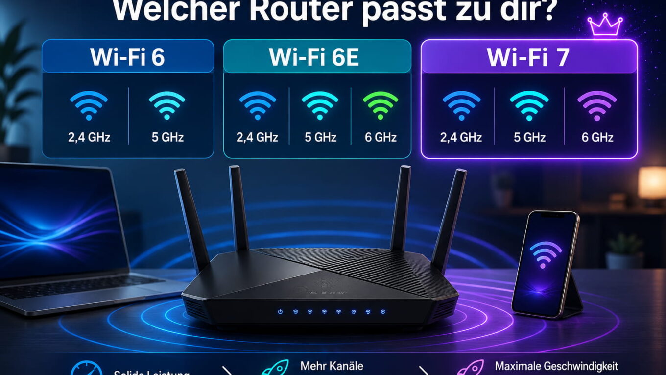 Wi-Fi 6 oder Wi-Fi 7 Router im Vergleich mit Wi-Fi 6E, Frequenzbändern und modernen Endgeräten