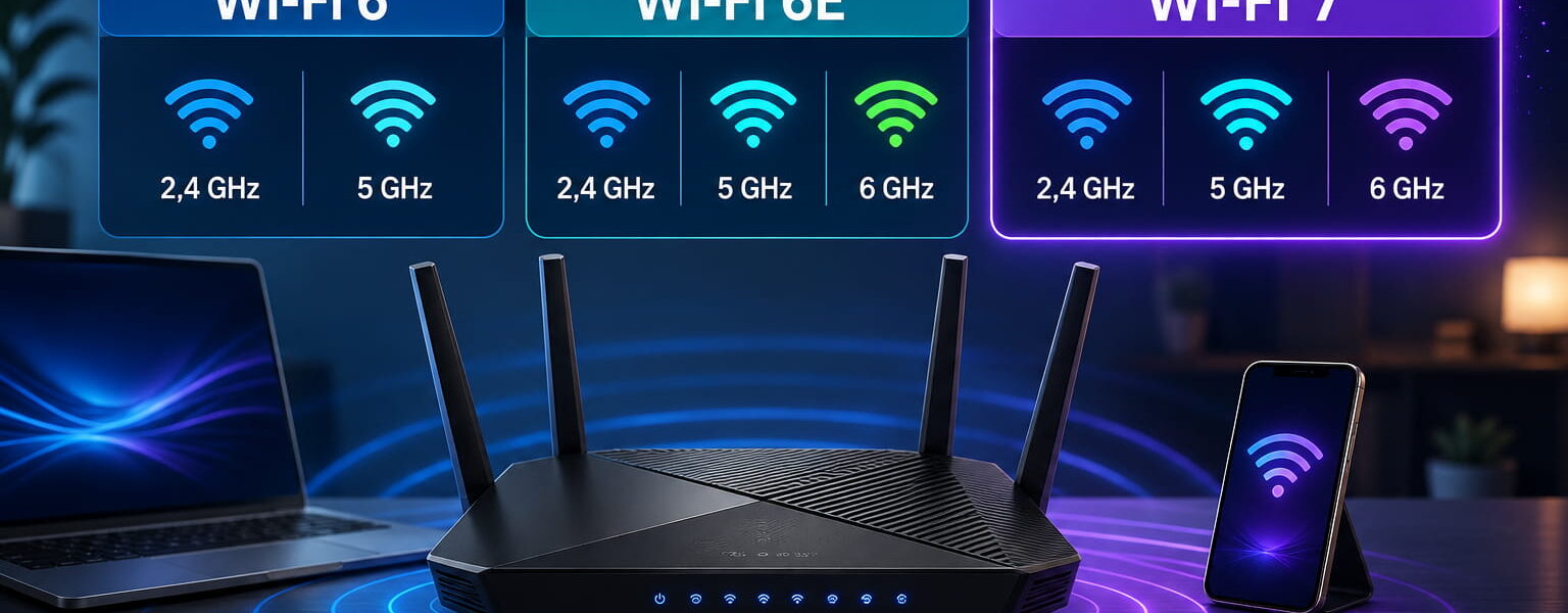 Wi-Fi 6 oder Wi-Fi 7 Router im Vergleich mit Wi-Fi 6E, Frequenzbändern und modernen Endgeräten