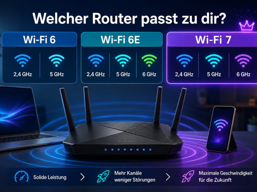 Wi-Fi 6 oder Wi-Fi 7 Router im Vergleich mit Wi-Fi 6E, Frequenzbändern und modernen Endgeräten
