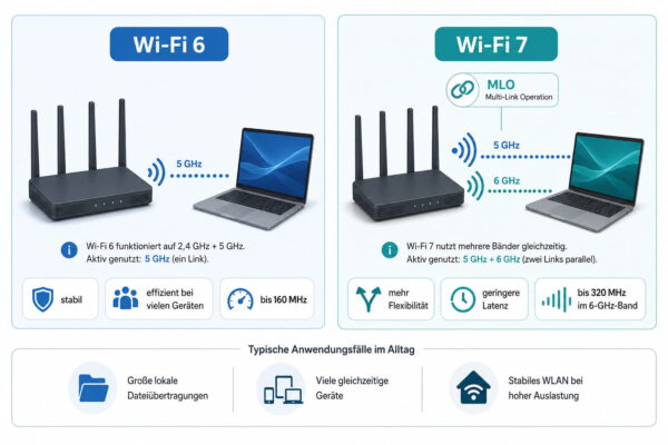 Wi-Fi 6 oder Wi-Fi 7 Router im Vergleich Vergleich von Wi-Fi 6 oder Wi-Fi 7 Router mit 5 GHz, 6 GHz und Multi-Link Operation