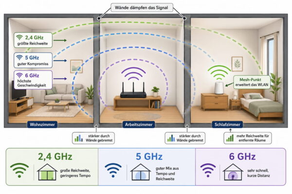 Wi-Fi 6 oder Wi-Fi 7 Router – Reichweite im Vergleich Wi-Fi 6 oder Wi-Fi 7 Router: Reichweite von 2,4, 5 und 6 GHz mit Wänden und Mesh-Punkt