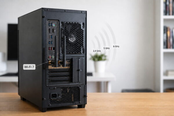 Wi-Fi 7 am Mainboard mit WLAN-Antennen Wi-Fi 7 Antennen am Mainboard eines Desktop-PCs