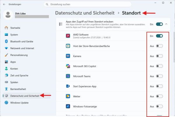 Windows-Standortdienste und Standortzugriff für einzelne Apps einstellen