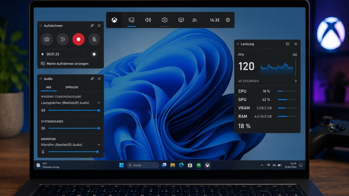 Xbox Game Bar mit Aufnahme-, Audio- und Leistungsanzeige in Windows 11